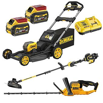 Picture of DeWalt 54V FlexVolt Garden Powertool Kit - 53cm Steel Deck Mower, 38cm Strimmer & 65cm Hedgetrimmer + 2x 6.0Ah Batteries