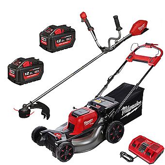 Milwaukee M18 FUEL 18V FBCU Brush Cutter & F2LM53 Self Propelled Mower with 2 x 12Ah Batteries