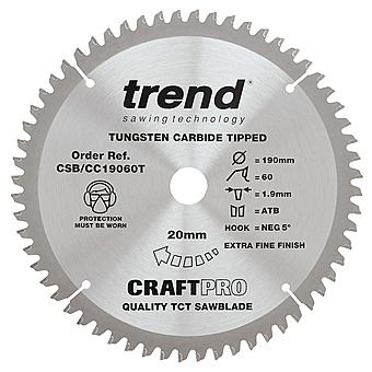 Trend 190mm x 20mm 60T Cordless Mitre Saw/Crosscut Circular Saw Blade CSB/CC19060T
