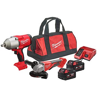 Milwaukee M18 BLPP2E-502B 18V 1/2" Impact Wrench and 115mm Grinder with 2x 5.0Ah Batteries 4933498206