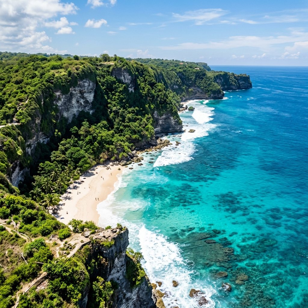 Turquoise coastline and green cliffs in Bali