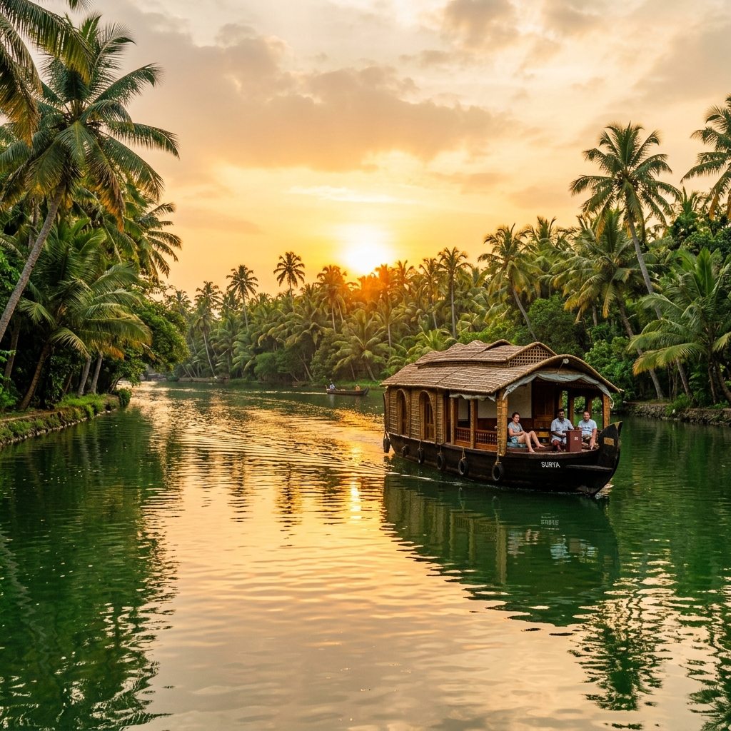 Houseboat drifting through Kerala backwaters