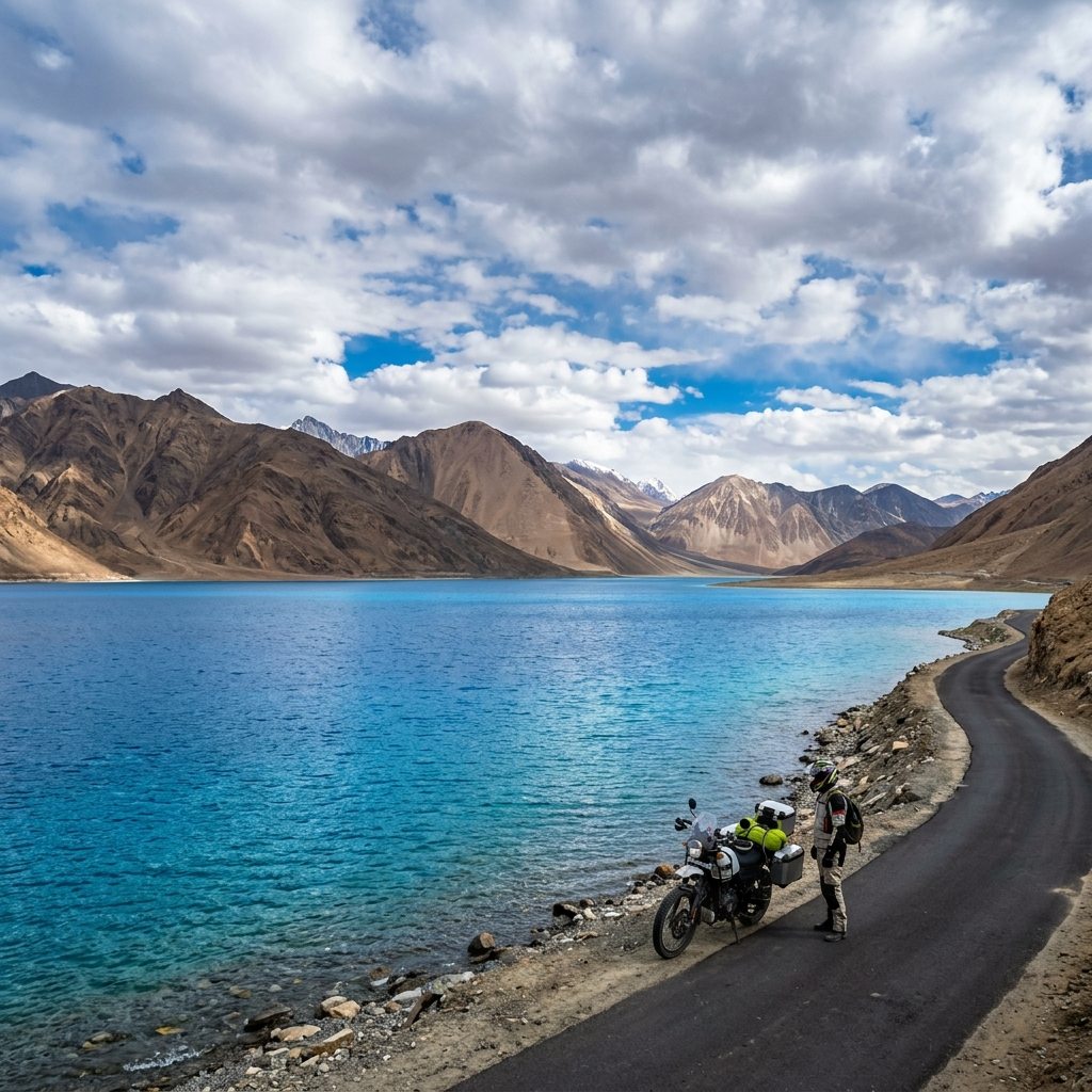 Motorcyclists riding beside a blue lake in Ladakh