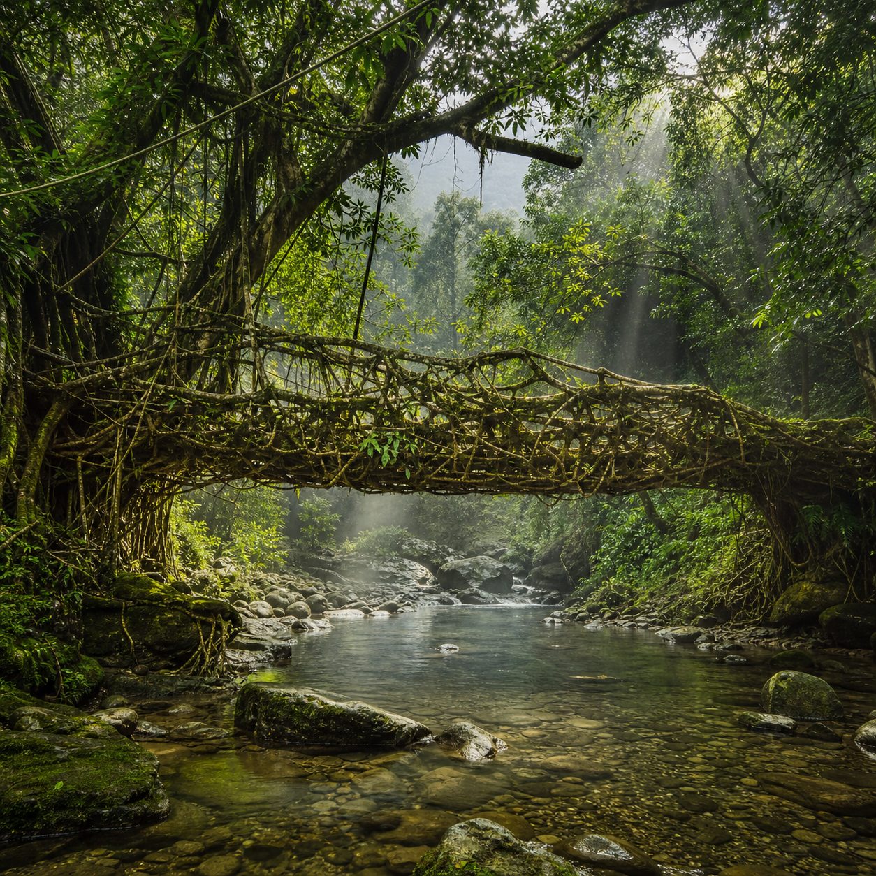 Living root bridge surrounded by a Meghalaya forest
