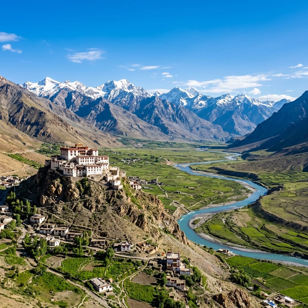 High desert road winding through Spiti Valley