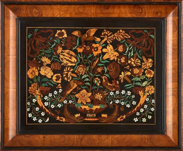 This French antique marquetry panel is crafted in exotic woods which have been tinted in places with additional pigment, and shows just how colourful and intricate the craft can be