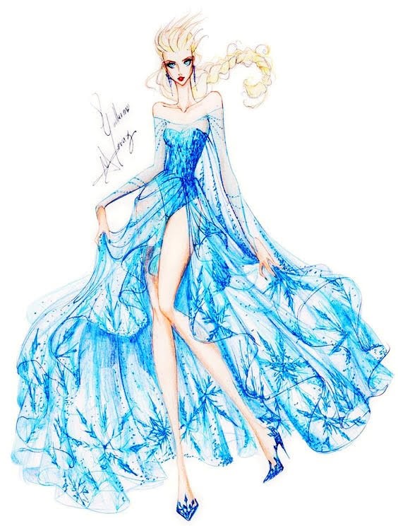 A beautiful illustration of Queen Elsa’s (from Disney’s Frozen) chiffon dress by famed fashion illustrator, Guillermo Meraz. Image credits : Pinterest