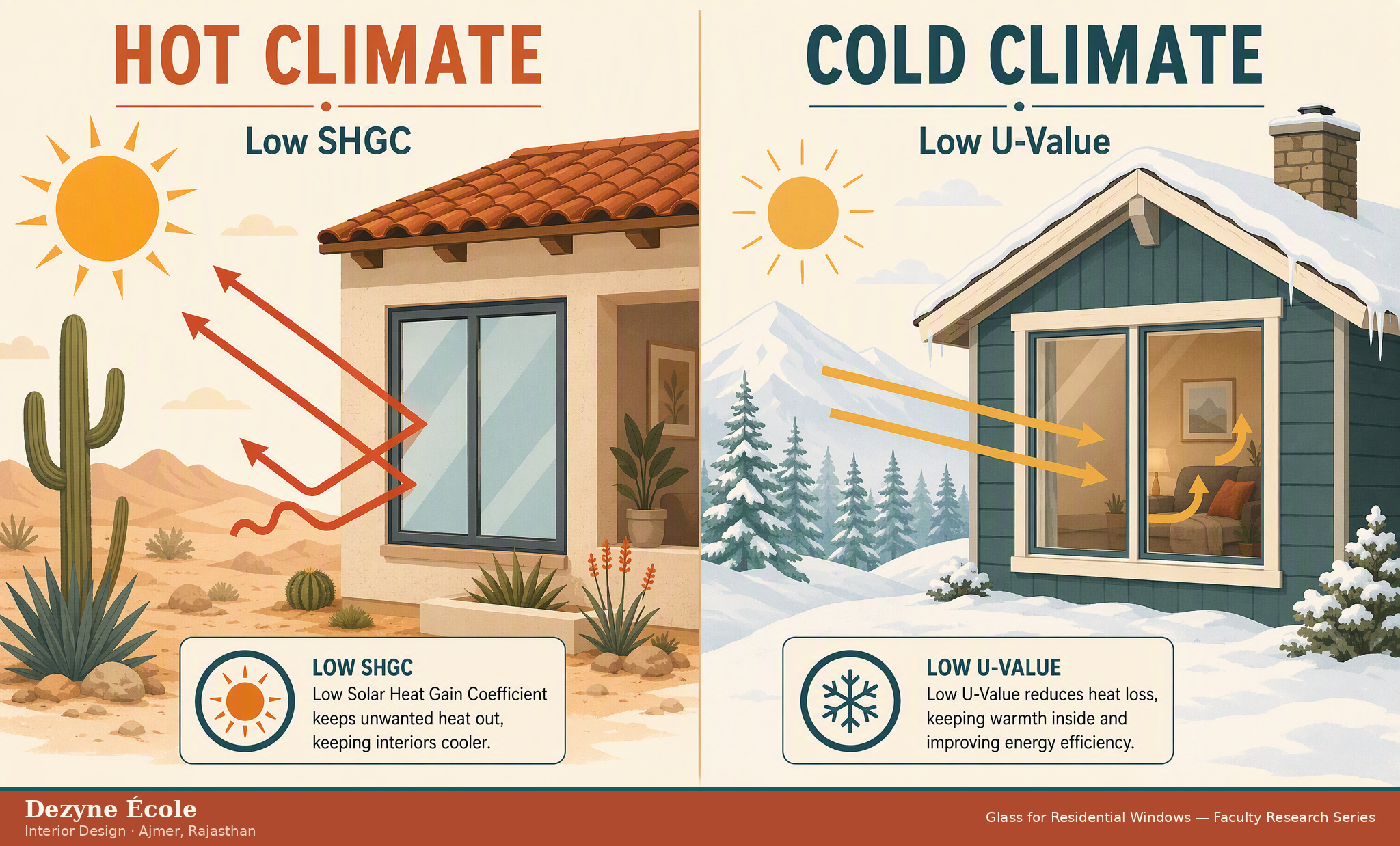 Hot climate vs cold climate window glass selection: Low SHGC vs Low U-Value infographic