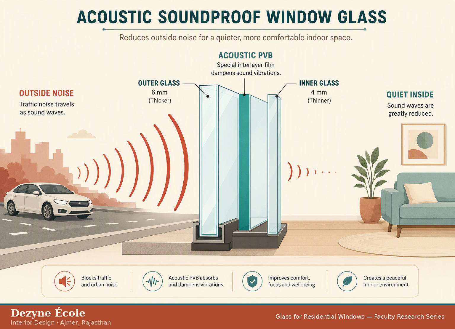Acoustic laminated glass window diagram reducing traffic noise with PVB interlayer