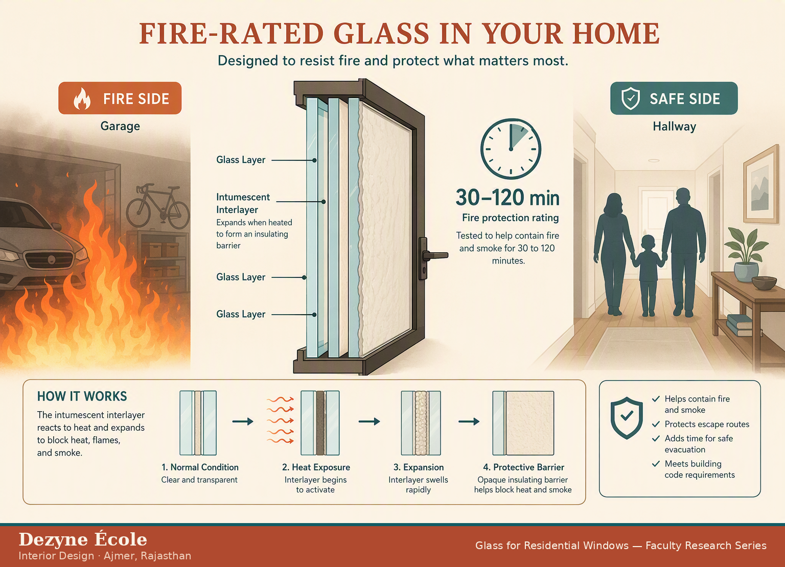 Fire-rated glass door diagram: intumescent interlayer protects hallway from garage fire, 30 to 120 minute rating