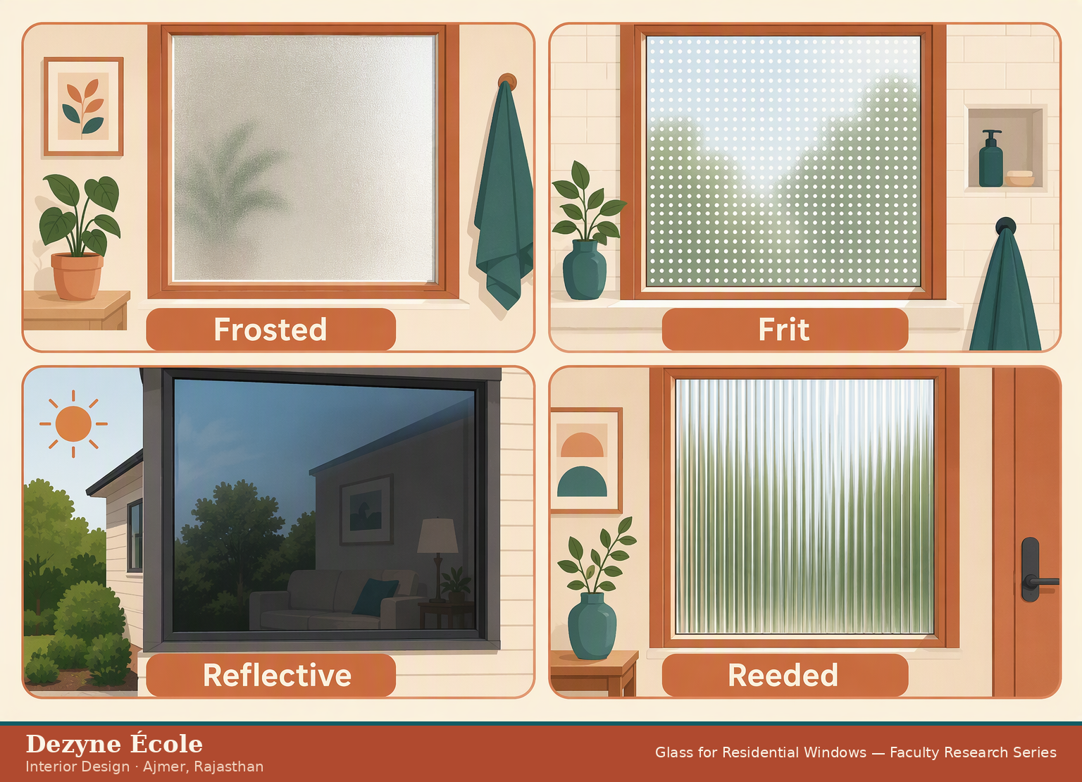 Four privacy glass options compared: frosted, ceramic frit, reflective and reeded glass