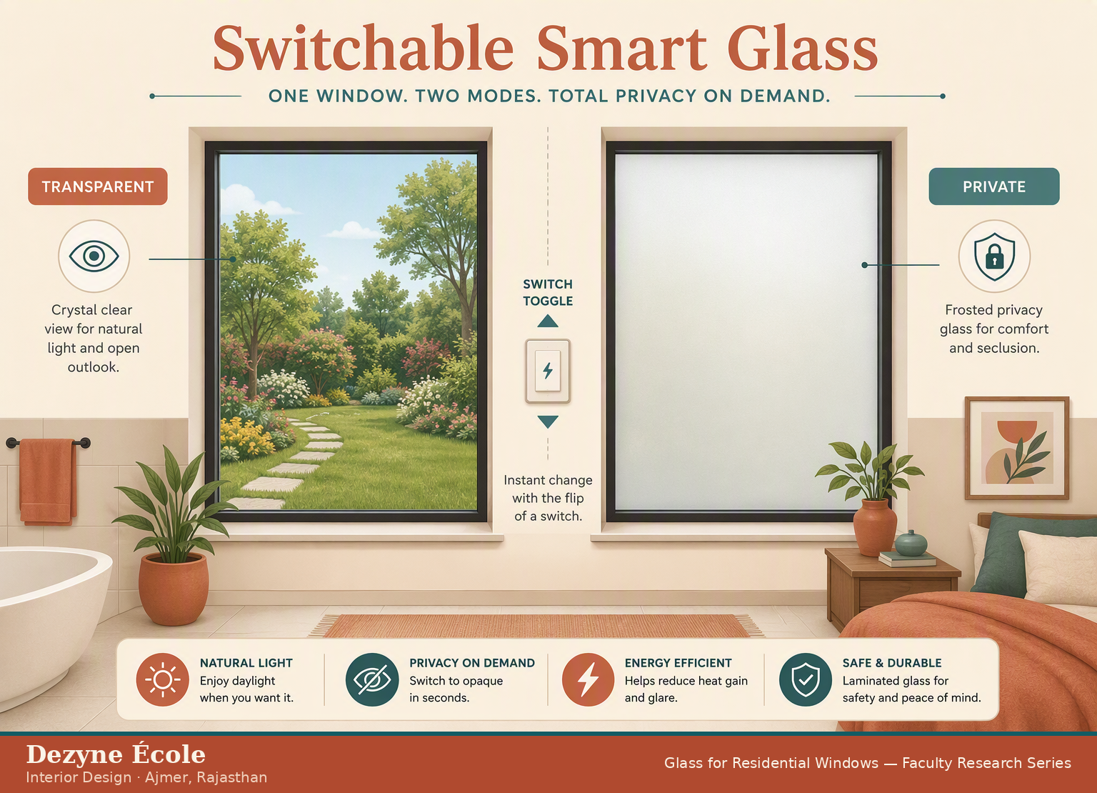 Switchable smart glass window: transparent to frosted privacy mode at the flip of a switch