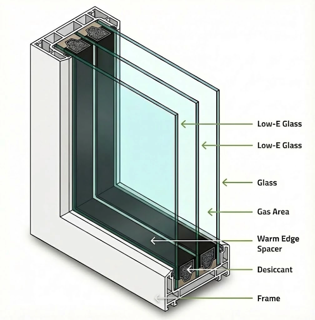 Triple-glazed window with Low-E, gas fill, warm-edge spacer, desiccant (1008×1024 px)