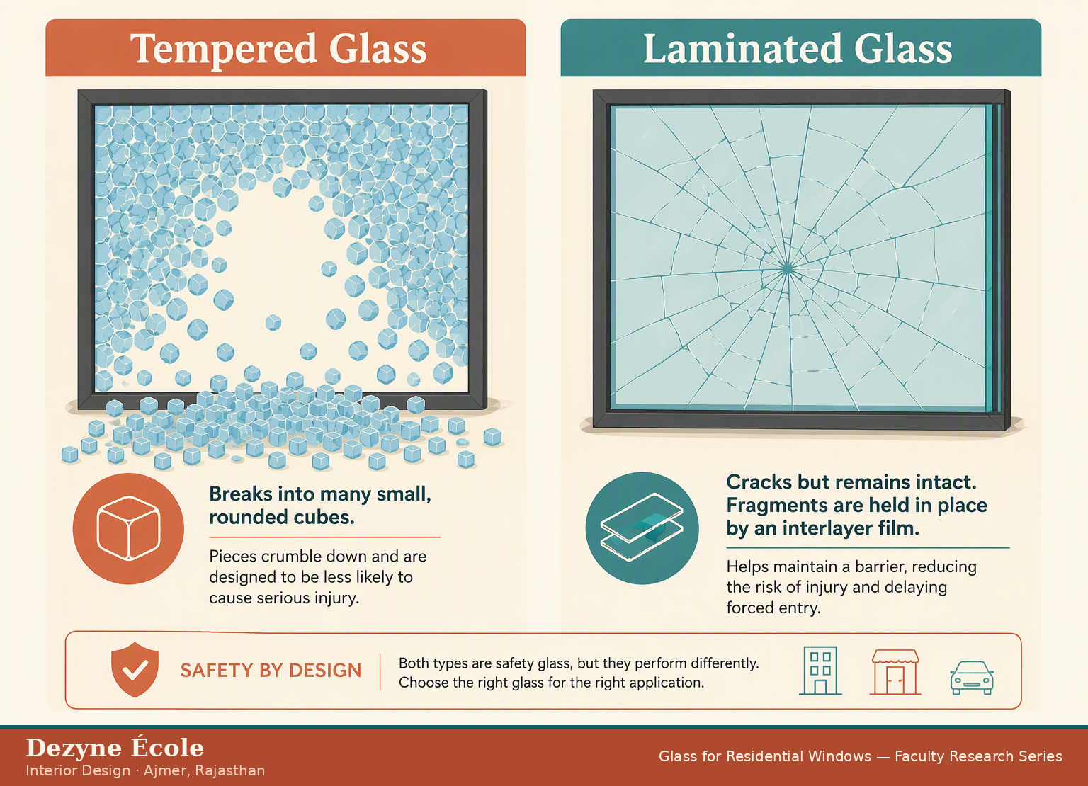 Tempered glass vs laminated glass breakage behaviour comparison infographic