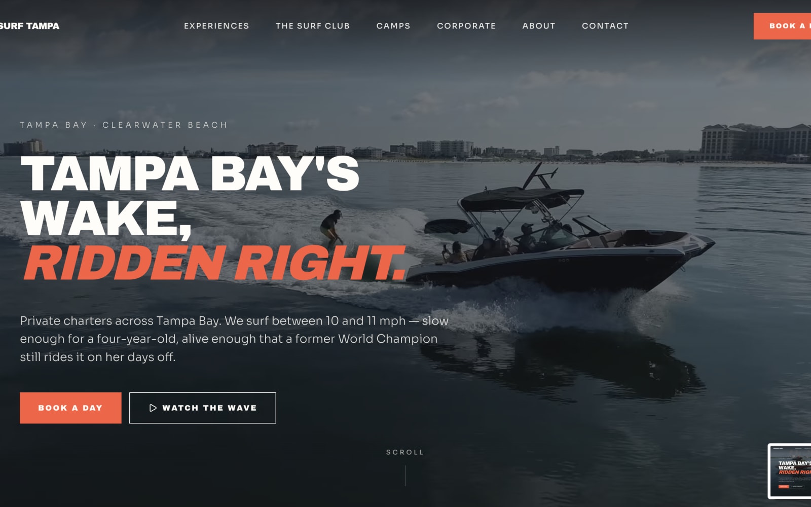Wakesurf Tampa homepage, designed and built by Formr Studio.