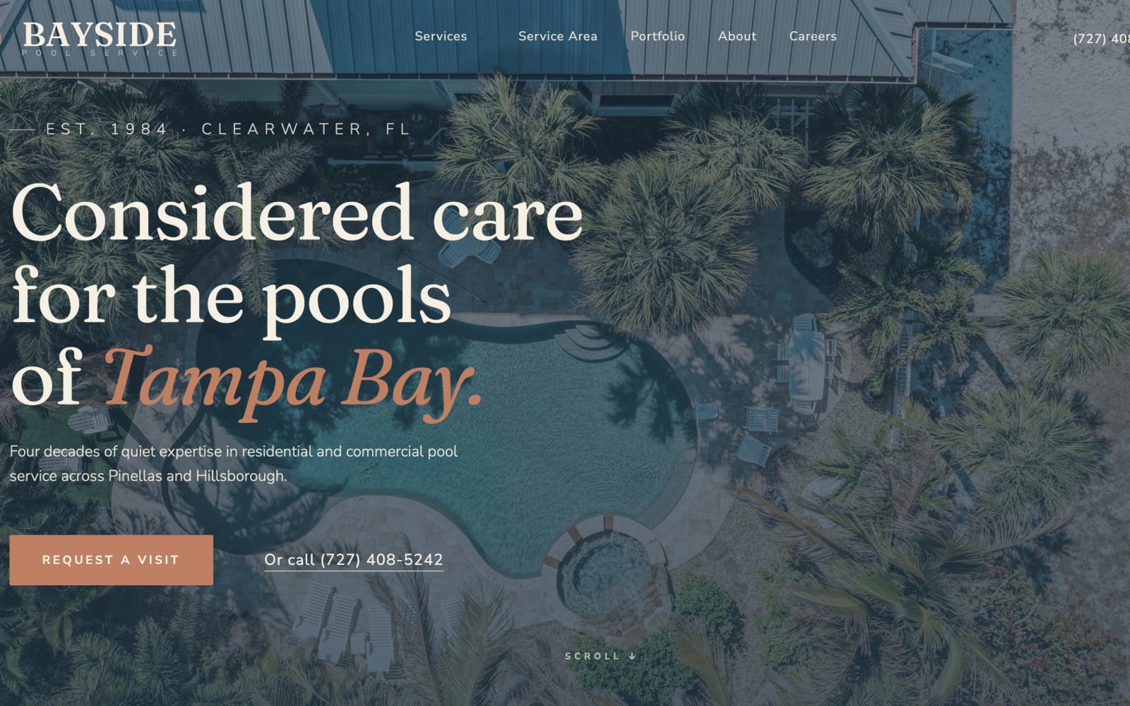 Bayside Pool Service homepage, designed and built by Formr Studio.