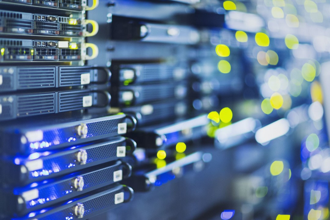 Enterprise Network switches on rack with lights
