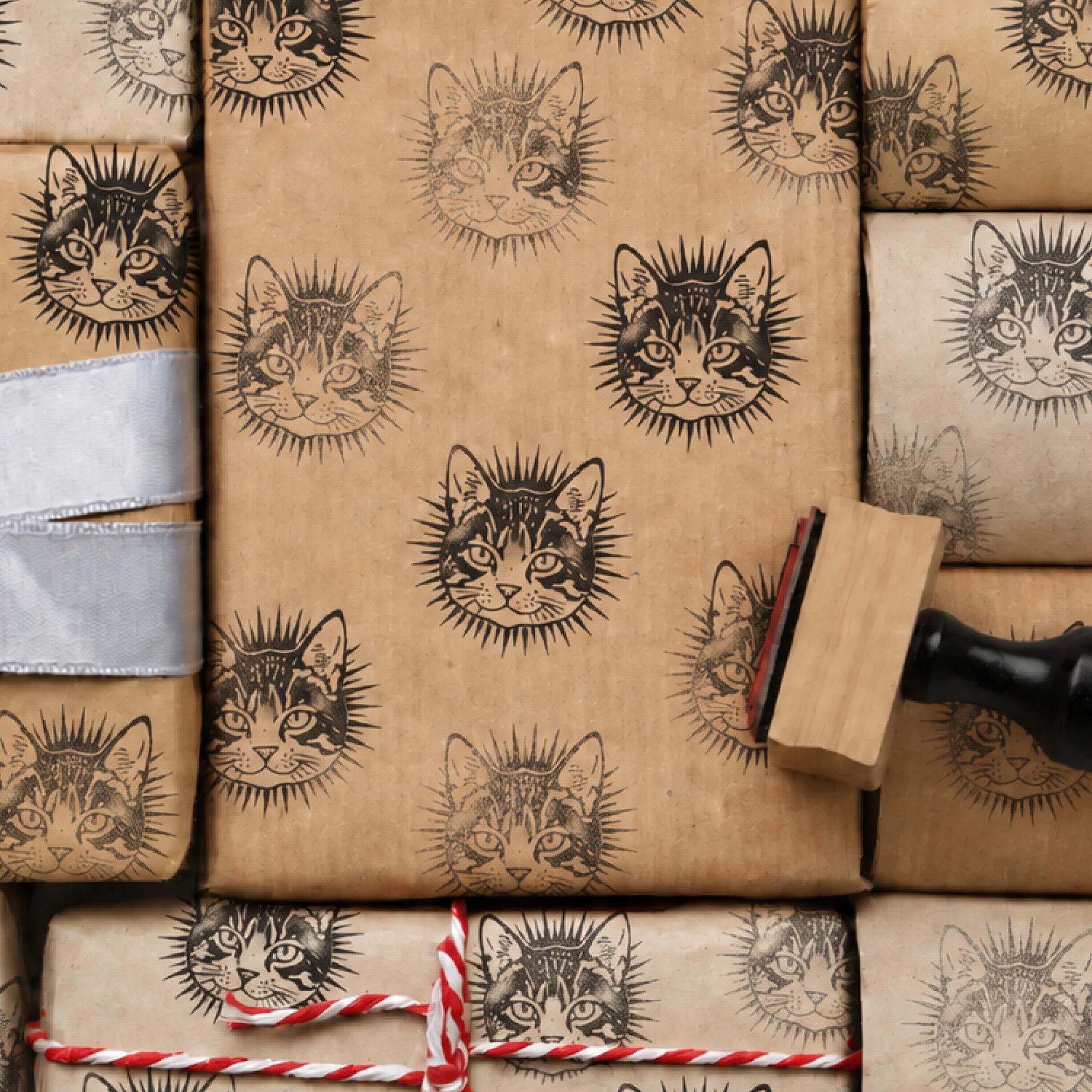 Image of Custom Cat Face Stamp for Gift Wrap (Rubber Stamp)