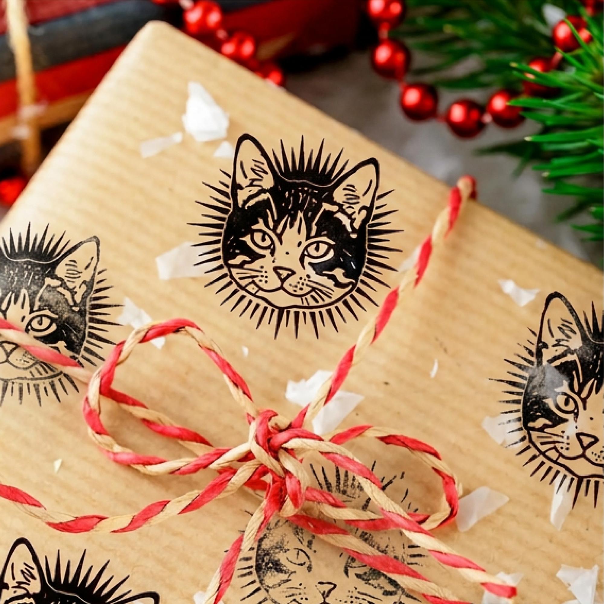 Image of Custom Cat Face Stamp for Gift Wrap (Rubber Stamp)