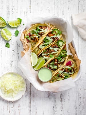 Chili Garlic Shrimp Tacos with Herby Green Dressing