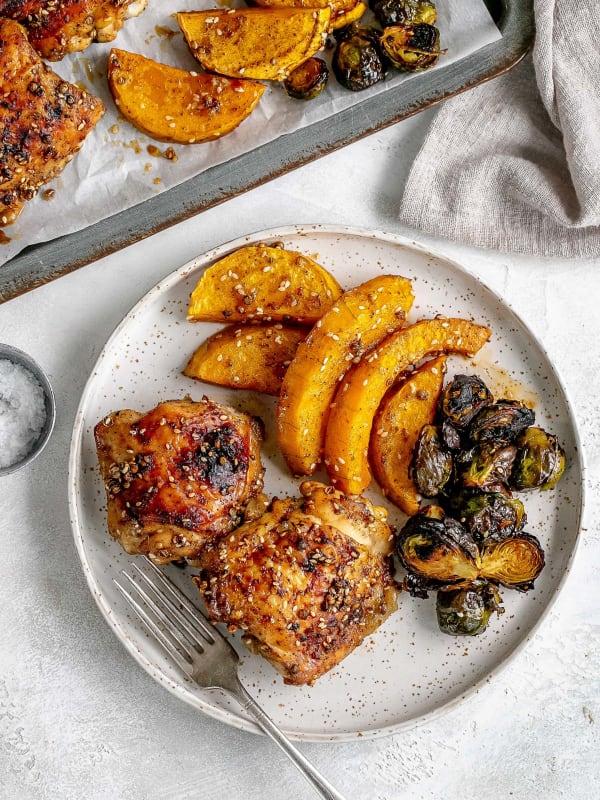 Baked Chicken Thighs, Squash, Brussels Sprouts