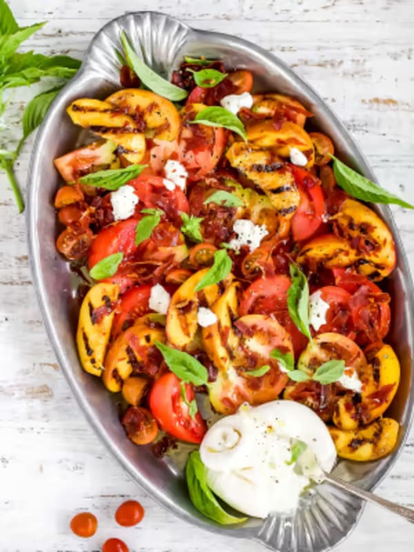 Tomato Peach Burrata Salad