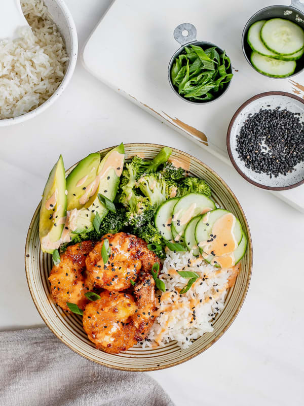Bowl of Shrimp, Cucumber, Rice, Avocad