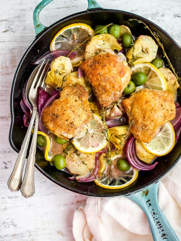 One Pan Crispy Chicken & Artichokes
