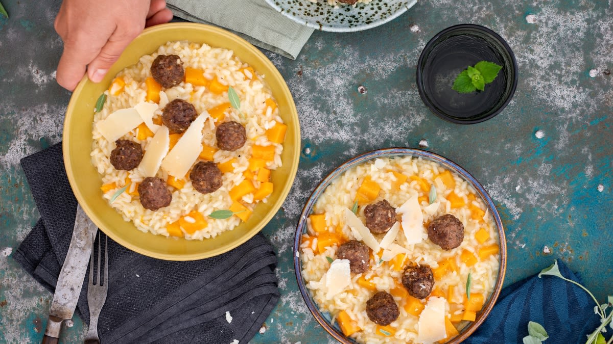 Rizotas su moliūgais ir mėsos kukuliais