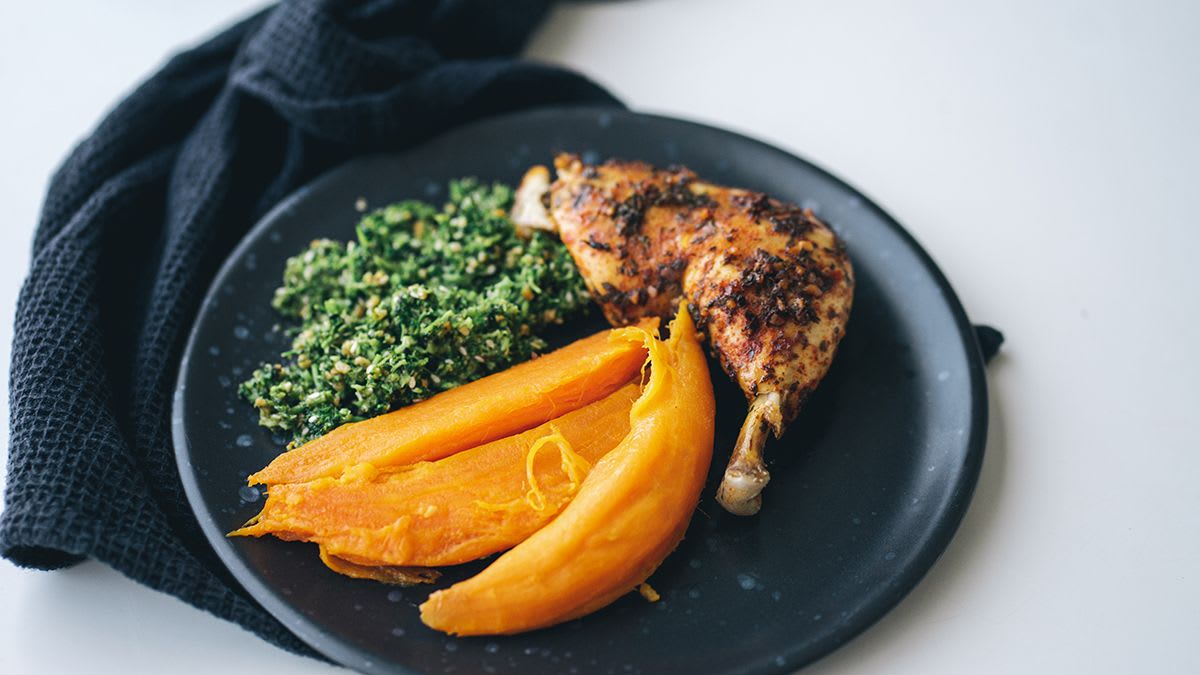 Vistas stilbiņš ar batātēm un brokoļu rīsiem