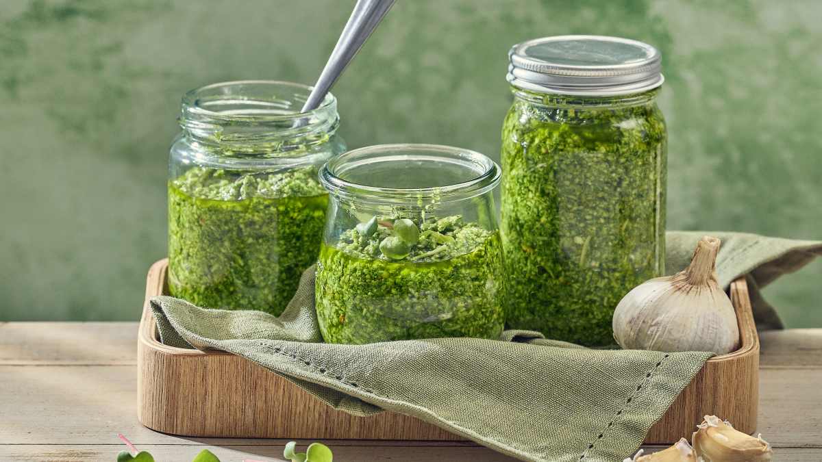 Redīsu mikrozaļumu un spinātu pesto 