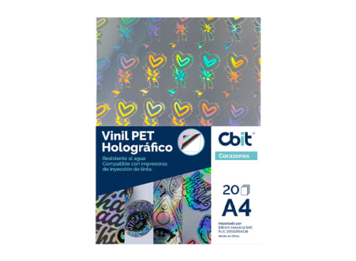 PAQ. 20H. VINIL ADHESIVO PET HOLOGRAFICO A4 CORAZONES