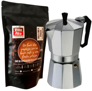 Moka 9 tazas + Café de especialidad Villa Rica Molido 250g