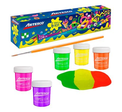 Témpera Art Kids Neón 20 cc Estuche x 6 Unidades + Pincel