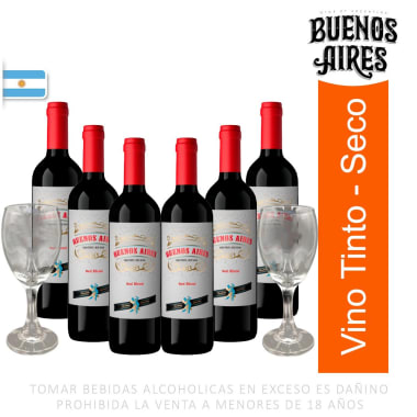 Vino Buenos Aires Red Blend 750 ml x 6 unid + 02 Copas