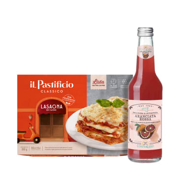 comida lista lasagna de carne x 380g y tomarchio aranciata rossa x 275 ml