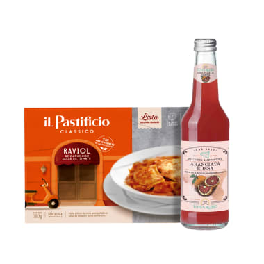 comida lista raviol carne c/salsa tomate x 380g y tomarchio aranciata rossa x 275 ml