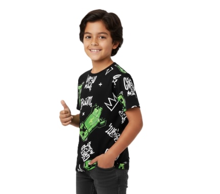 POLO MODA MANGA CORTA NIÑO MINECRAFT NEGRO ALGODÓN