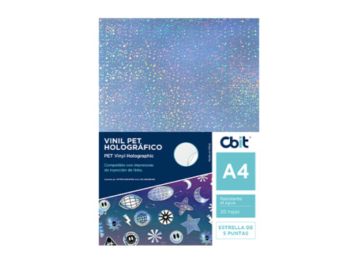 PAQ. 20H. VINIL ADHESIVO PET HOLOGRAFICO A4 ESTRELLA DE 5 PUNTAS