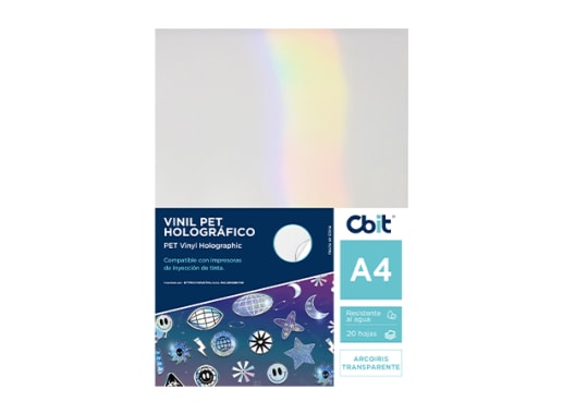 PAQ. 20H. VINIL ADHESIVO PET HOLOGRAFICO A4 TRANSPARENTE ARCOIRIS