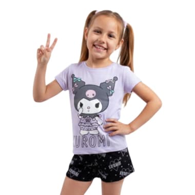 PIJAMA POLO MANGA CORTA Y SHORT NIÑA KUROMI LILA ALGODÓN