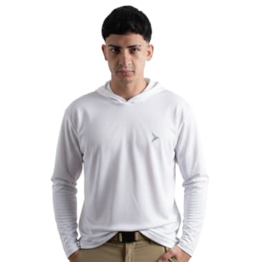 POLO MANGA LARGA CON CAPUCHA HOMBRE BLANCO CON PROTECCIÓN UV PIKUA