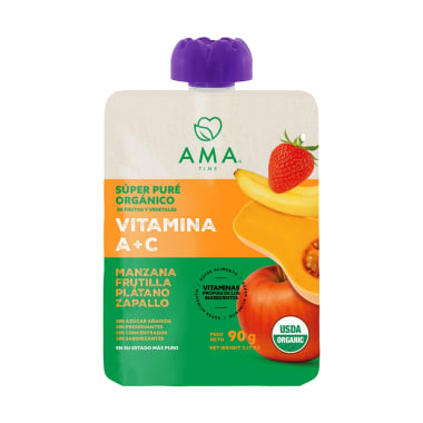 Super Puré Vitamina A + C (Manzana Zapallo Frutilla Plátano Orgánico) 90 gr Marca Ama