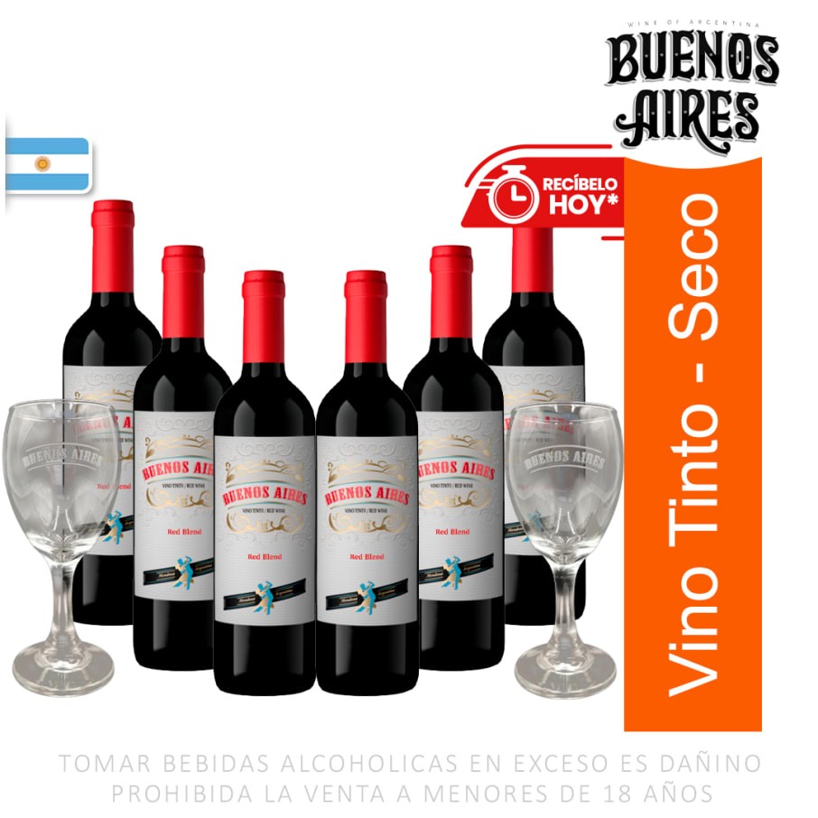 Vino Buenos Aires Red Blend 750 ml x 6 unid + 02 Copas
