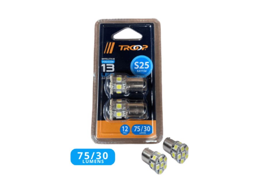 Ampolleta auto de posición LED S25 13SMDX5050 12V Blanco BAY15D TROOP