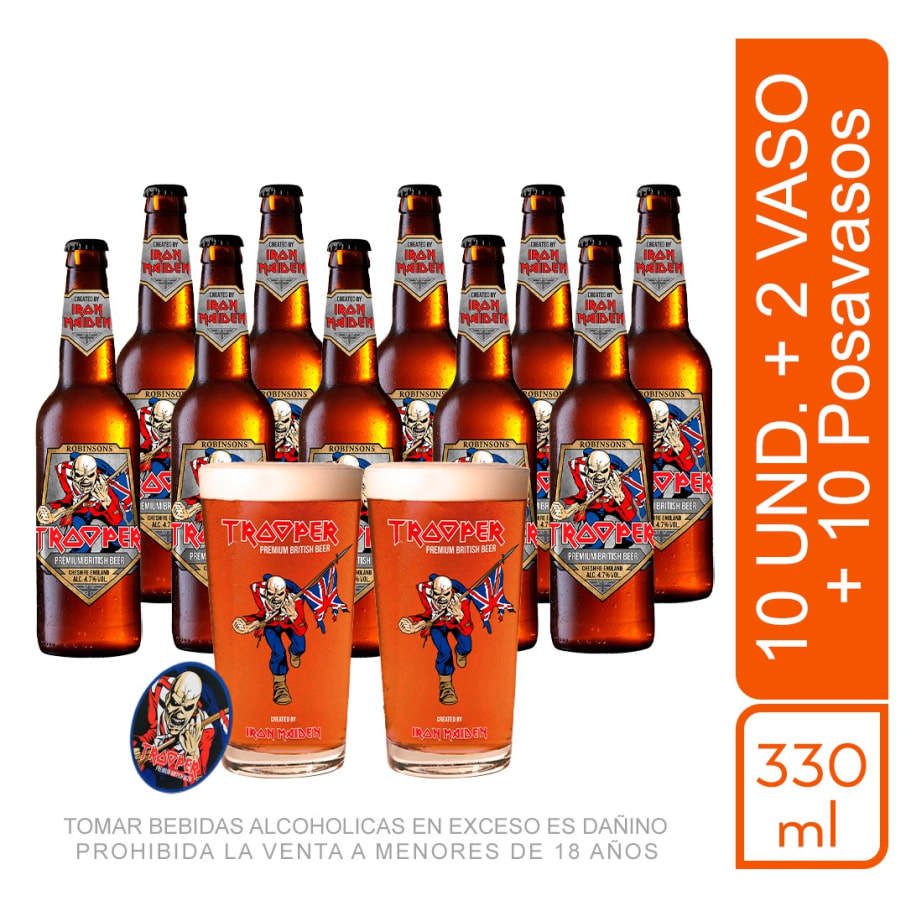 Pack 10 Cerveza Trooper Iron Maiden Botella 330ml + 2 Vasos + 10 Posavasos