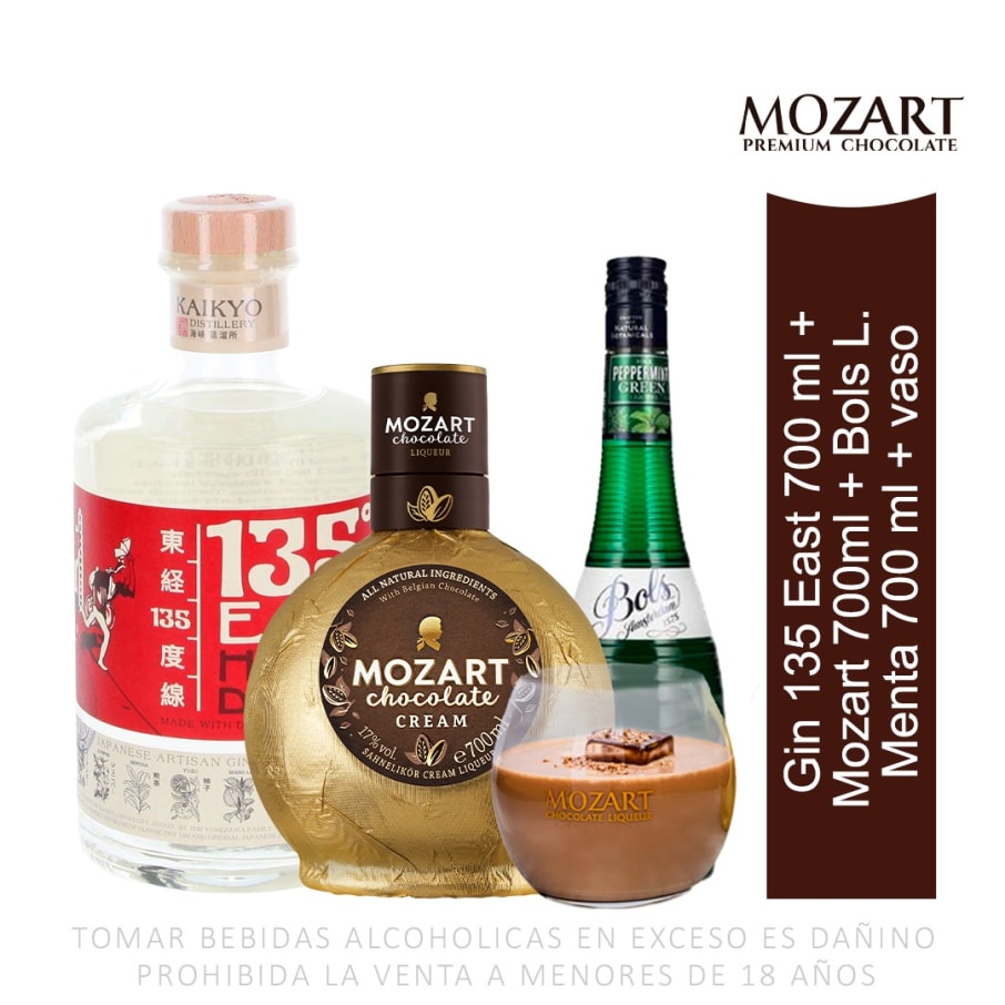 Choco Mozart: Gin + Mozart 750ml + Licor de Menta + Vaso