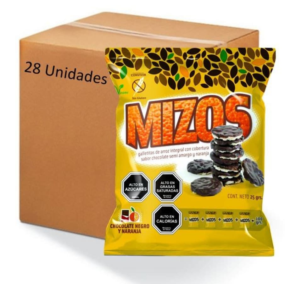 Caja galletas de arroz chocolate naranja 28 unidades de 25 gramos Marca Mizos