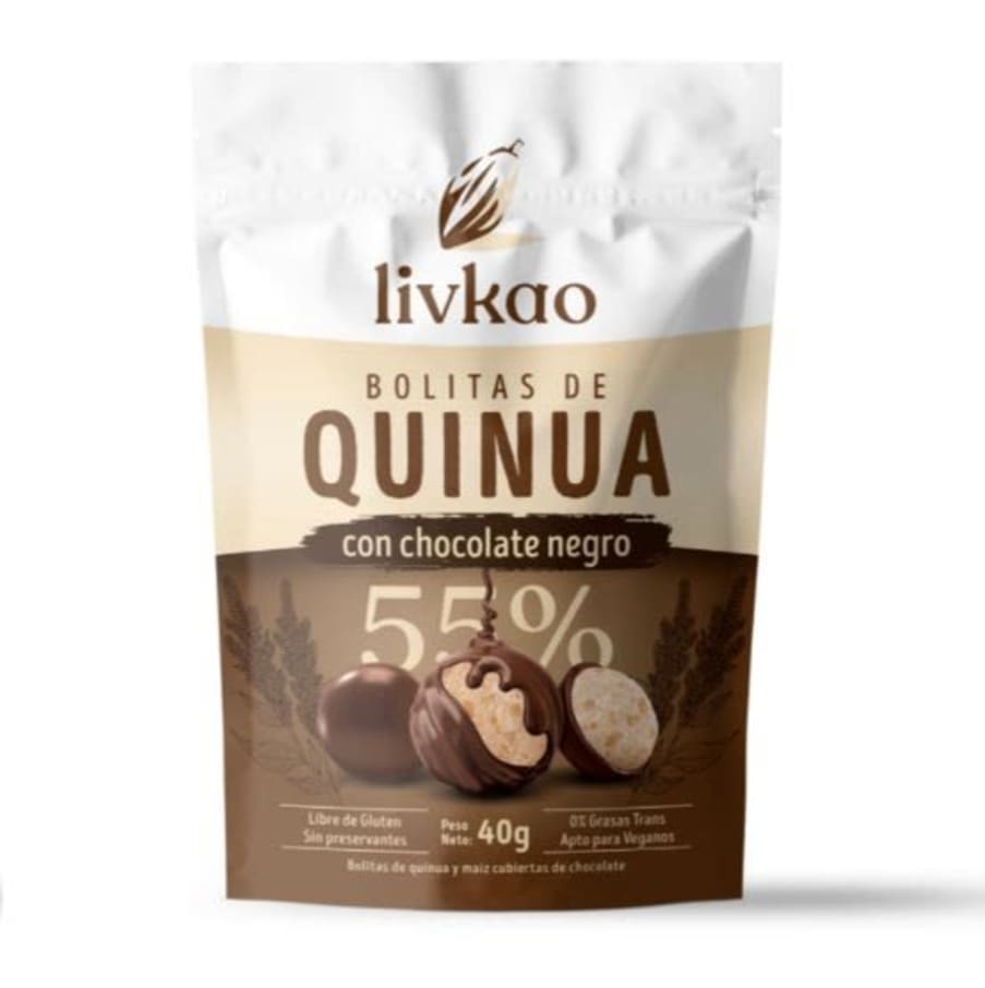 Bolitas de quinoa y maiz cubiertas con chocolate amargo 40 gramos Marca Sunkao