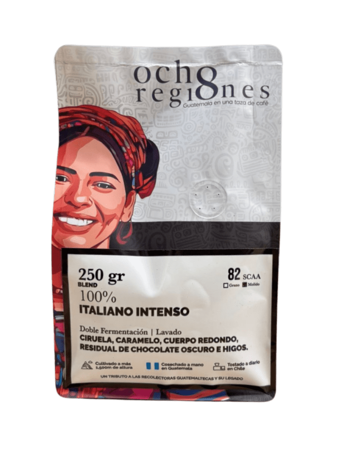 Cafe italiano Intenso 100% grano 250 gramos Marca 8 Regiones